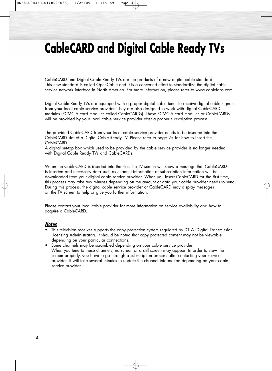 Cablecard and digital cable ready tvs | Samsung SPR4232X-XAP User Manual | Page 4 / 144