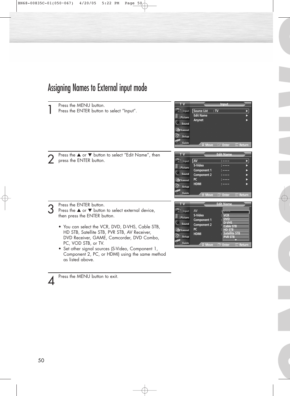 Assigning names to external input mode | Samsung SPR4232X-XAP User Manual | Page 50 / 144