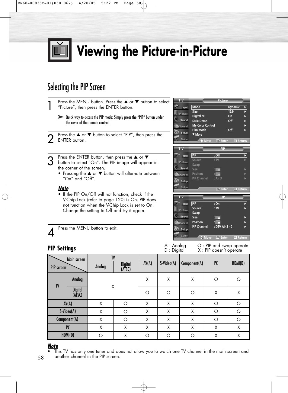 Viewing the picture-in-picture, Selecting the pip screen, Pip settings | Samsung SPR4232X-XAP User Manual | Page 58 / 144