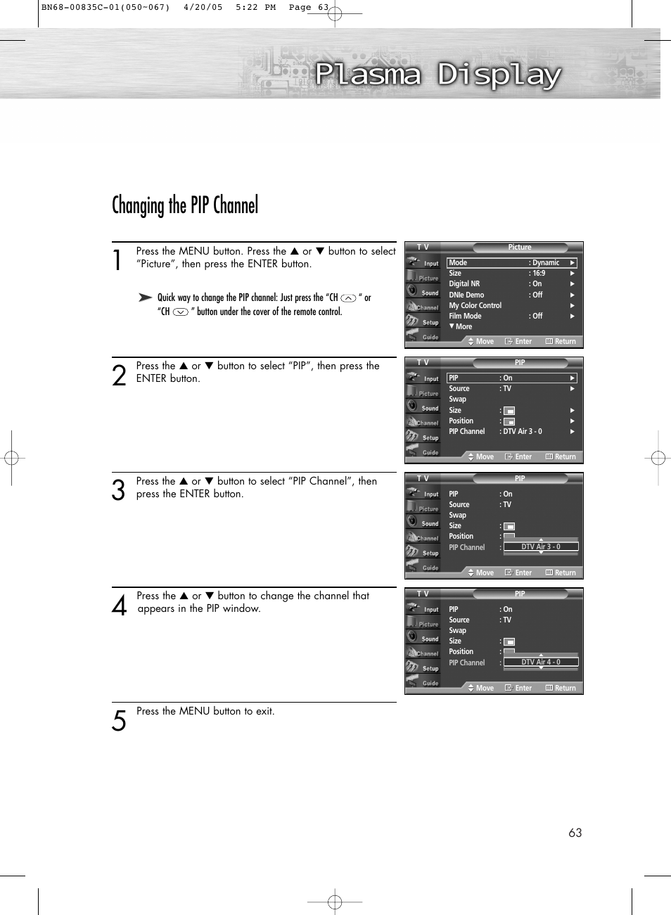 Changing the pip channel | Samsung SPR4232X-XAP User Manual | Page 63 / 144