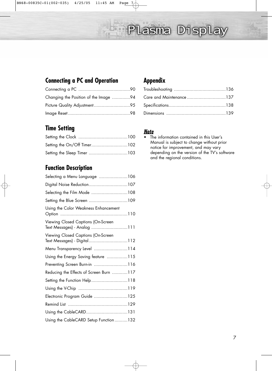 Connecting a pc and operation, Time setting, Function description | Appendix | Samsung SPR4232X-XAP User Manual | Page 7 / 144