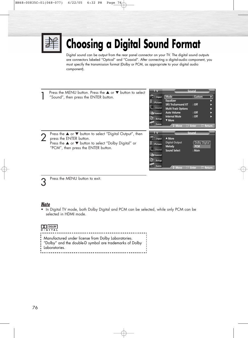Choosing a digital sound format | Samsung SPR4232X-XAP User Manual | Page 76 / 144