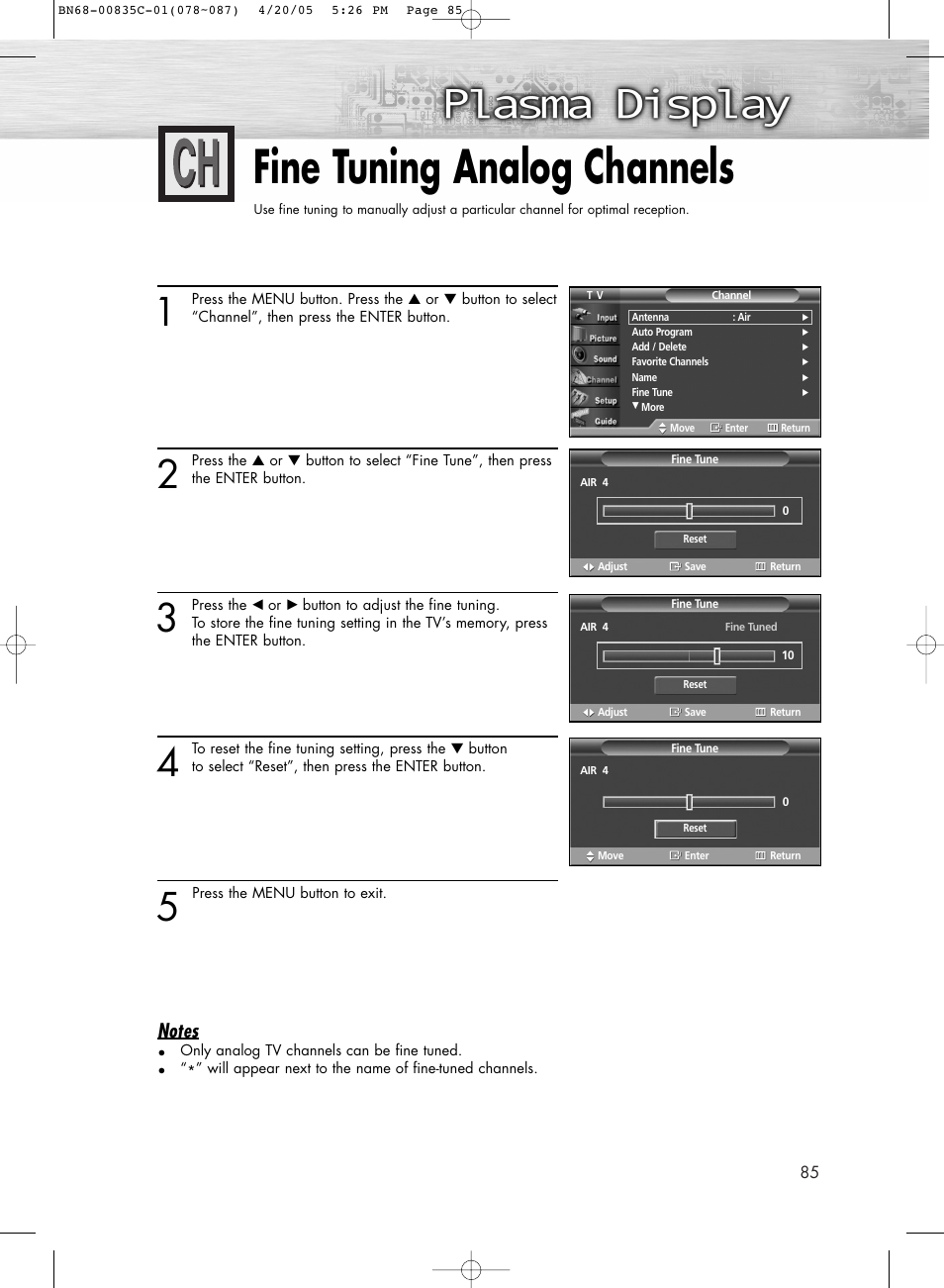 Fine tuning analog channels | Samsung SPR4232X-XAP User Manual | Page 85 / 144