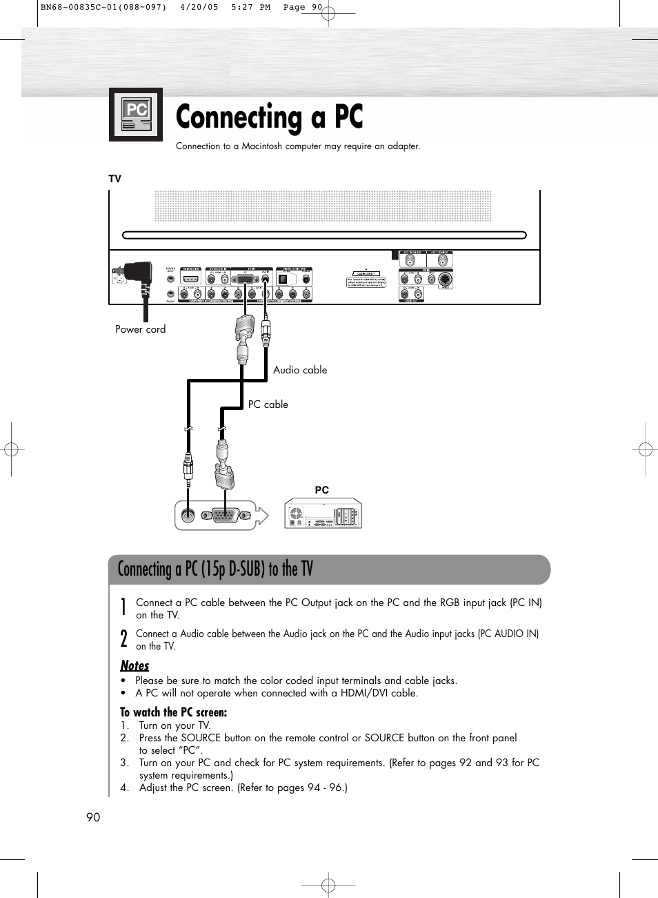 Connecting a pc, Connecting a pc (15p d-sub) to the tv | Samsung SPR4232X-XAP User Manual | Page 90 / 144