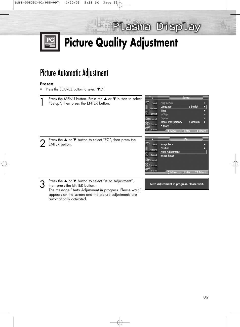 Picture quality adjustment, Picture automatic adjustment | Samsung SPR4232X-XAP User Manual | Page 95 / 144