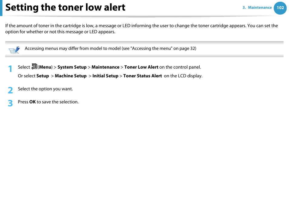 Setting the toner low alert | Samsung SCX-5639FR-XAA User Manual | Page 102 / 351