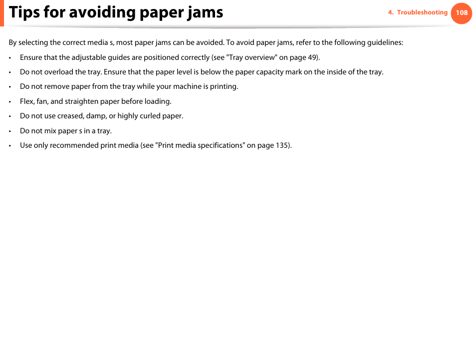Tips for avoiding paper jams | Samsung SCX-5639FR-XAA User Manual | Page 108 / 351