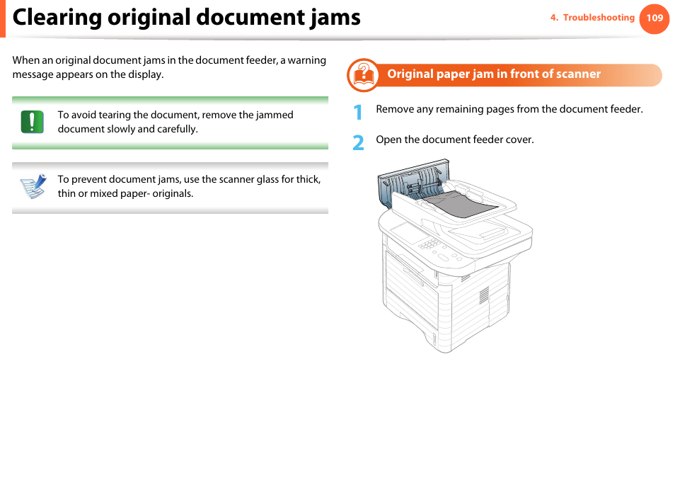 Clearing original document jams, Original paper jam in front of scanner | Samsung SCX-5639FR-XAA User Manual | Page 109 / 351