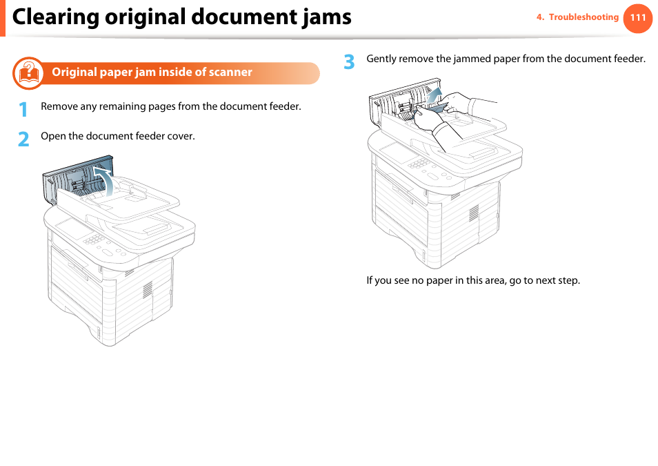 Clearing original document jams | Samsung SCX-5639FR-XAA User Manual | Page 111 / 351