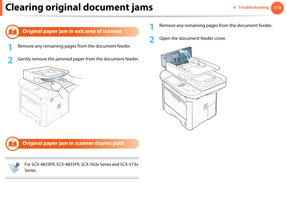Clearing original document jams | Samsung SCX-5639FR-XAA User Manual | Page 113 / 351