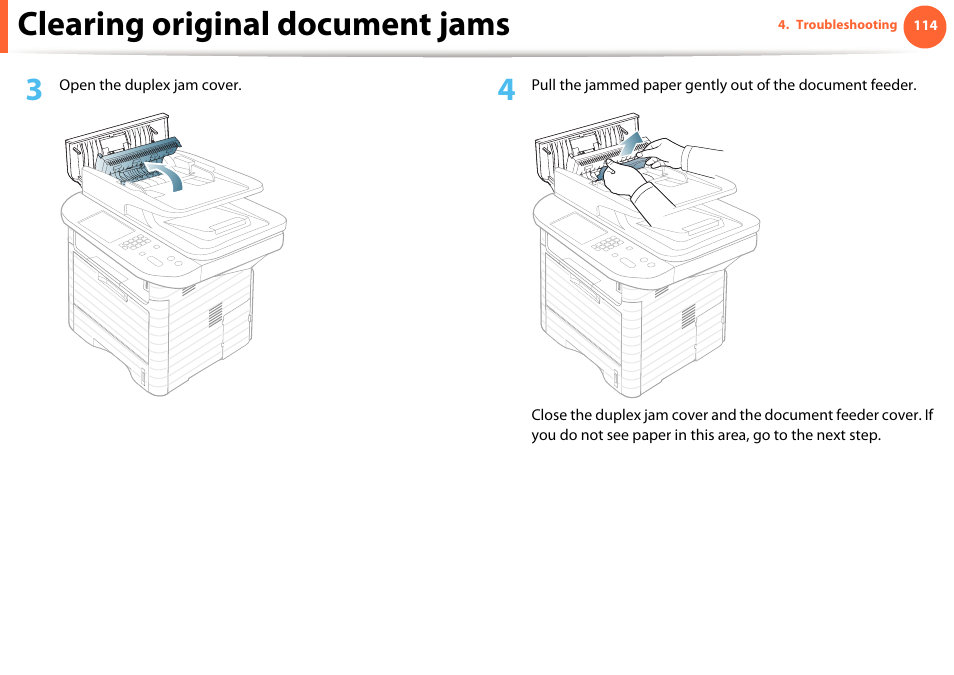Clearing original document jams | Samsung SCX-5639FR-XAA User Manual | Page 114 / 351