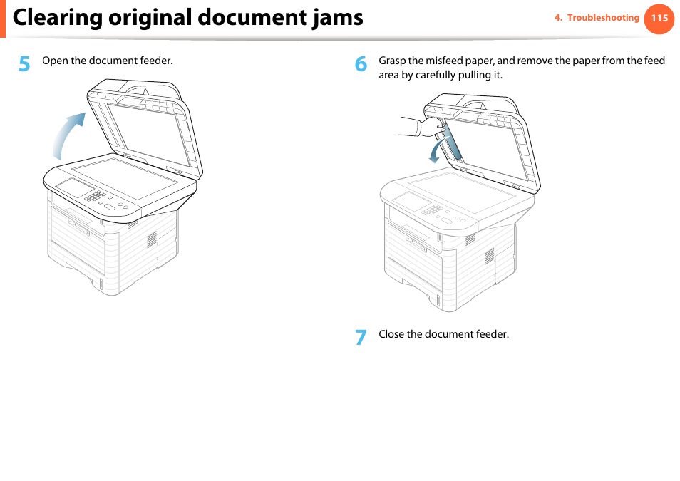 Clearing original document jams | Samsung SCX-5639FR-XAA User Manual | Page 115 / 351