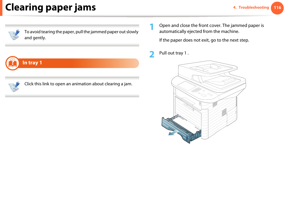 Clearing paper jams | Samsung SCX-5639FR-XAA User Manual | Page 116 / 351