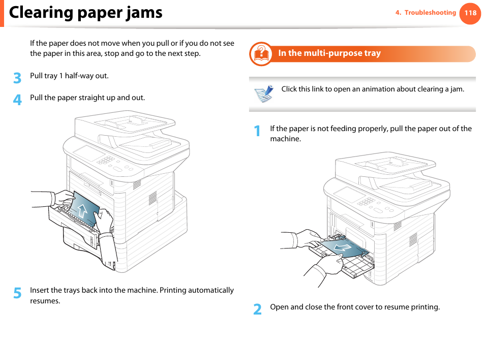 Clearing paper jams | Samsung SCX-5639FR-XAA User Manual | Page 118 / 351