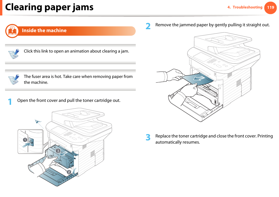 Clearing paper jams | Samsung SCX-5639FR-XAA User Manual | Page 119 / 351