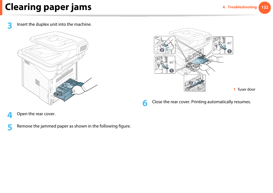Clearing paper jams | Samsung SCX-5639FR-XAA User Manual | Page 122 / 351