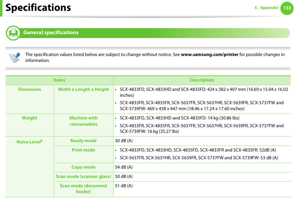 Specifications, General specifications | Samsung SCX-5639FR-XAA User Manual | Page 133 / 351