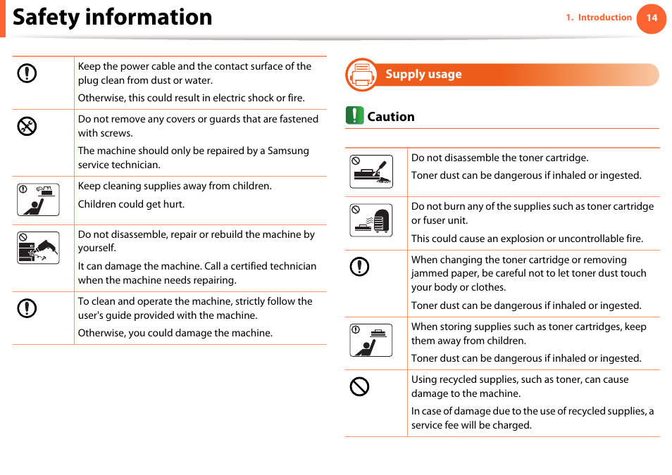 Safety information | Samsung SCX-5639FR-XAA User Manual | Page 14 / 351