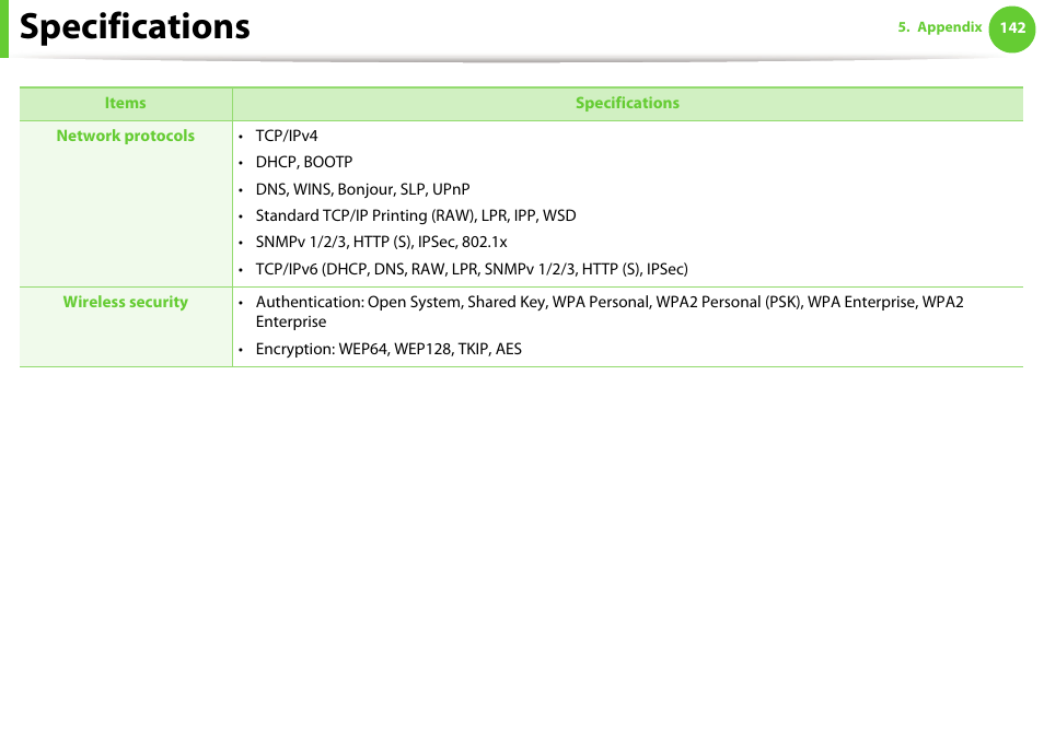 Specifications | Samsung SCX-5639FR-XAA User Manual | Page 142 / 351