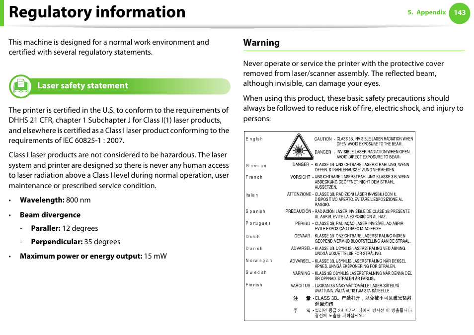 Regulatory information, Warning, Laser safety statement | Samsung SCX-5639FR-XAA User Manual | Page 143 / 351