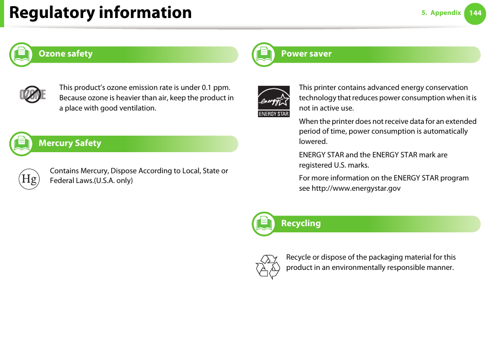Regulatory information, Ozone safety, Mercury safety | Power saver, Recycling | Samsung SCX-5639FR-XAA User Manual | Page 144 / 351