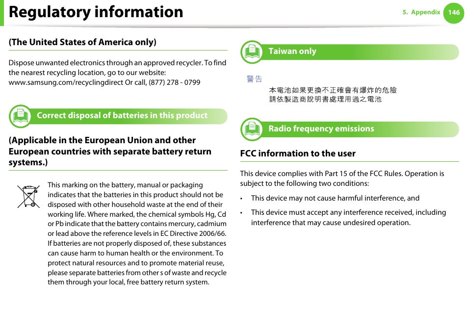 Regulatory information, The united states of america only), Fcc information to the user | Samsung SCX-5639FR-XAA User Manual | Page 146 / 351