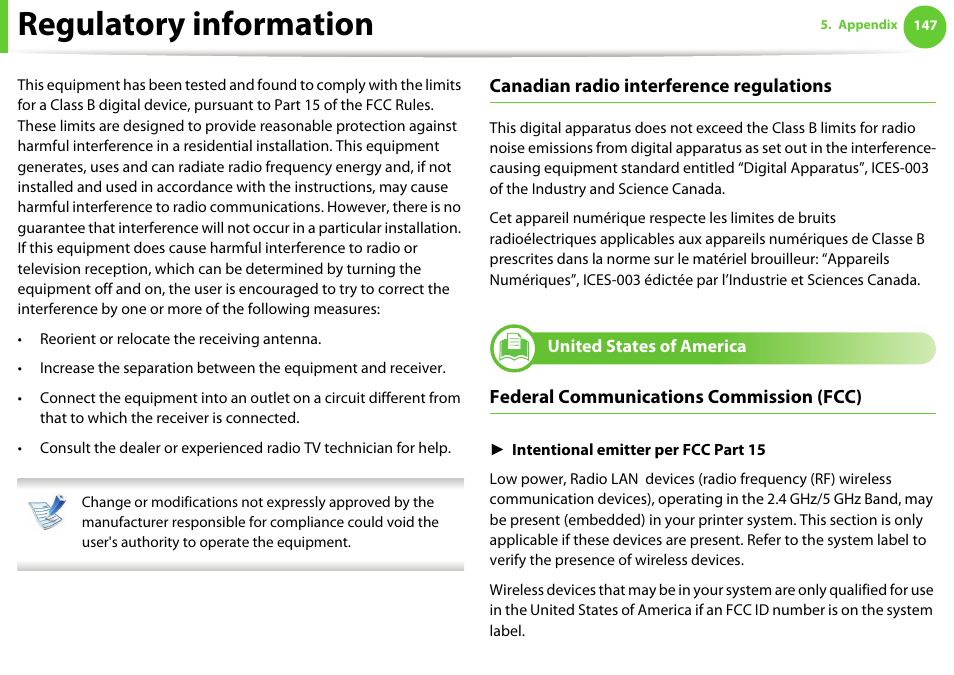 Regulatory information, Canadian radio interference regulations, Federal communications commission (fcc) | United states of america | Samsung SCX-5639FR-XAA User Manual | Page 147 / 351