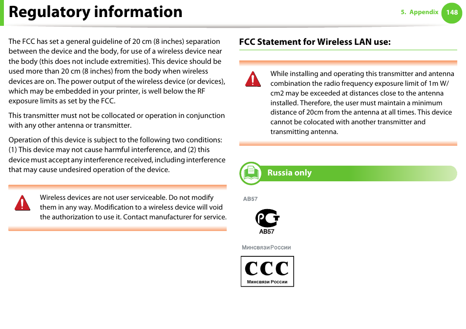 Regulatory information, Fcc statement for wireless lan use, Russia only | Samsung SCX-5639FR-XAA User Manual | Page 148 / 351