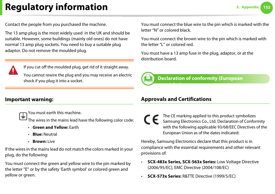 Regulatory information, Important warning, Approvals and certifications | Samsung SCX-5639FR-XAA User Manual | Page 152 / 351
