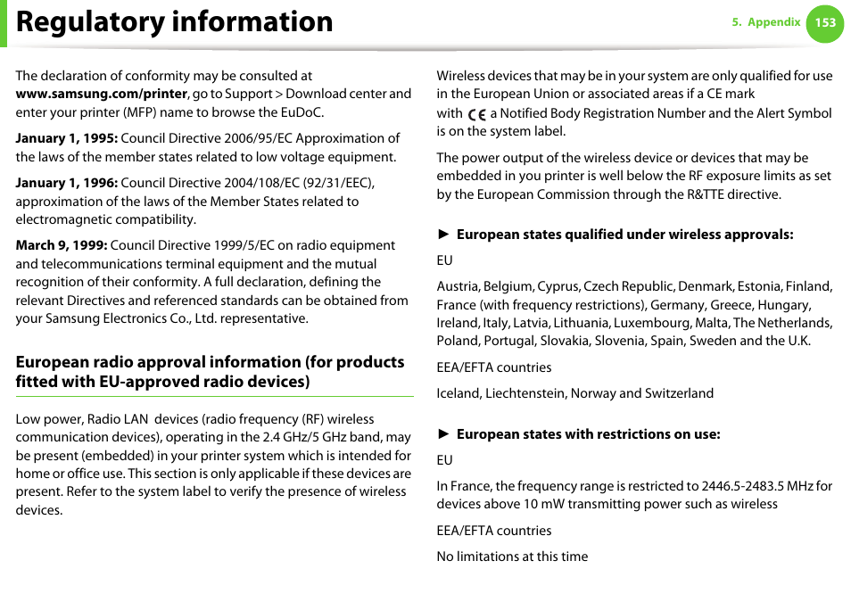 Regulatory information | Samsung SCX-5639FR-XAA User Manual | Page 153 / 351
