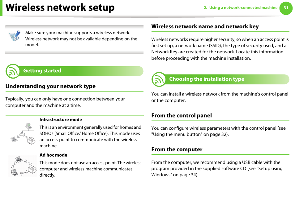 Wireless network setup, Understanding your network type, Wireless network name and network key | Samsung SCX-5639FR-XAA User Manual | Page 191 / 351