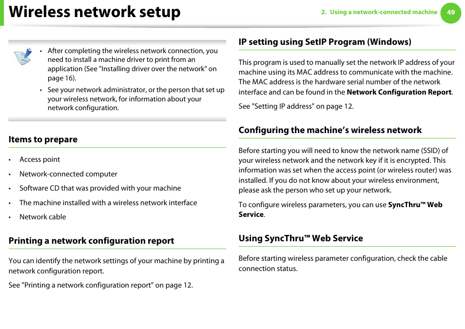 Wireless network setup, Items to prepare, Printing a network configuration report | Ip setting using setip program (windows), Configuring the machine’s wireless network, Using syncthru™ web service | Samsung SCX-5639FR-XAA User Manual | Page 209 / 351