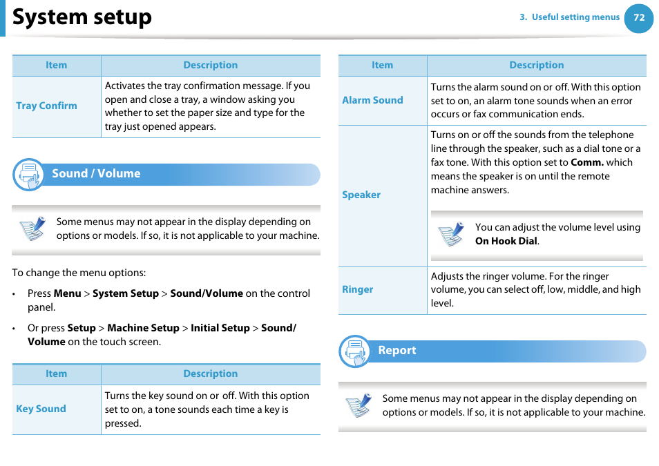 System setup, Sound / volume, Report | Samsung SCX-5639FR-XAA User Manual | Page 232 / 351