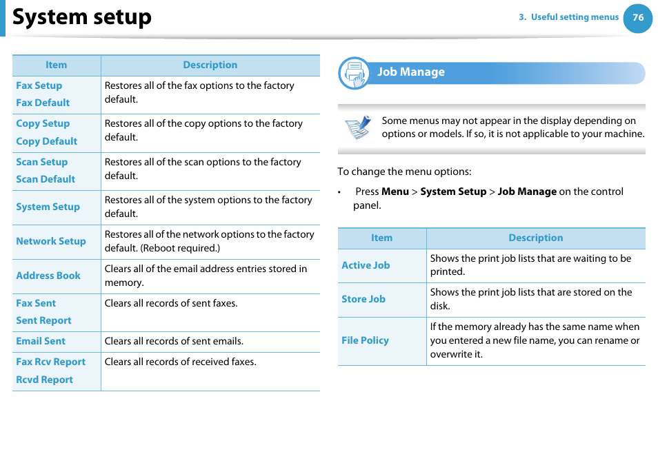 System setup, Job manage | Samsung SCX-5639FR-XAA User Manual | Page 236 / 351