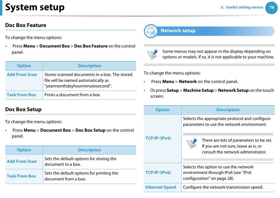 System setup, Doc box feature, Doc box setup | Network setup | Samsung SCX-5639FR-XAA User Manual | Page 239 / 351