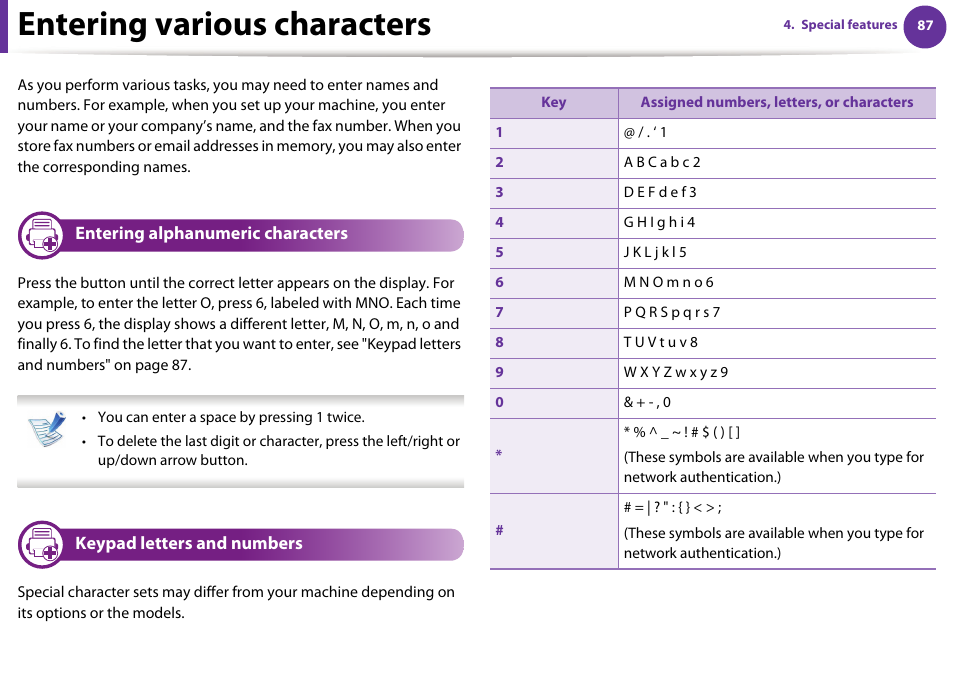 Entering various characters, Entering alphanumeric characters, Keypad letters and numbers | Samsung SCX-5639FR-XAA User Manual | Page 247 / 351