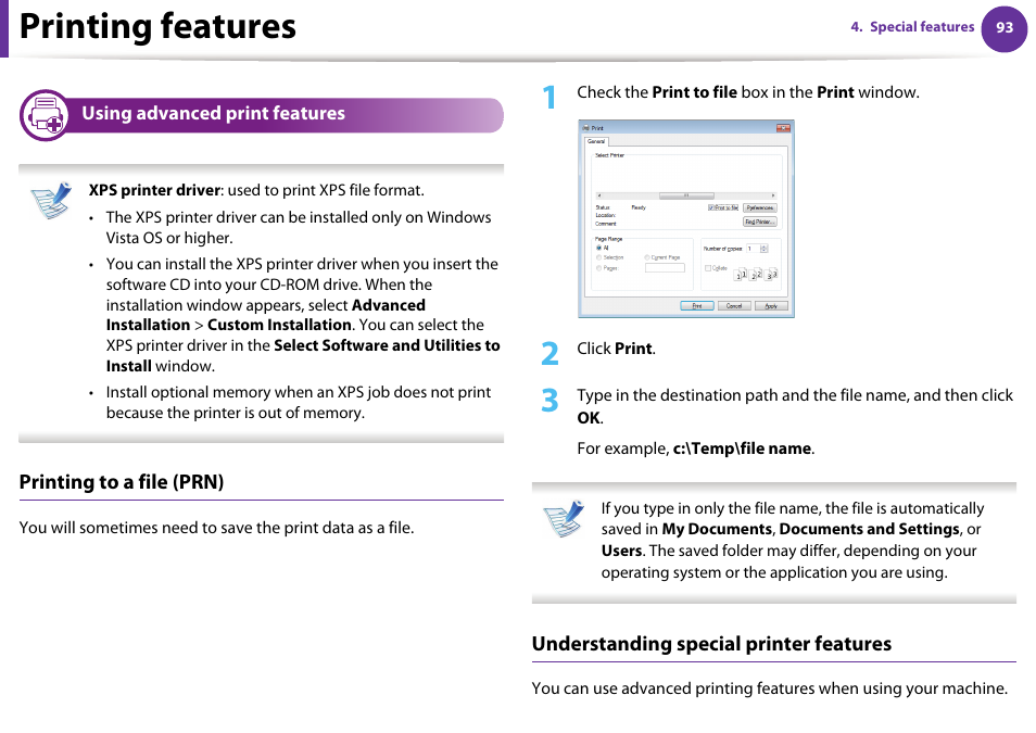 Printing features, Printing to a file (prn), Understanding special printer features | Samsung SCX-5639FR-XAA User Manual | Page 253 / 351