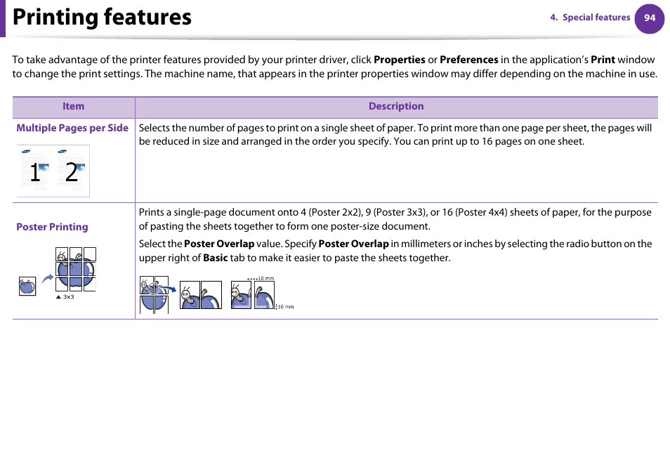 Printing features | Samsung SCX-5639FR-XAA User Manual | Page 254 / 351
