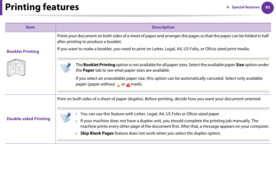 Printing features | Samsung SCX-5639FR-XAA User Manual | Page 255 / 351