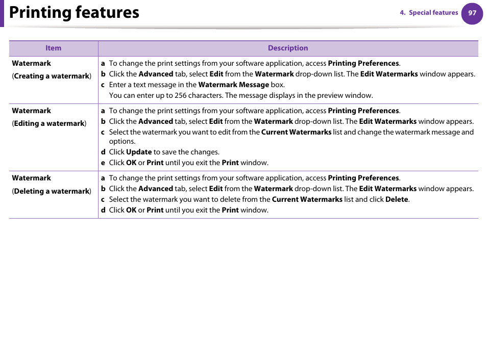 Printing features | Samsung SCX-5639FR-XAA User Manual | Page 257 / 351