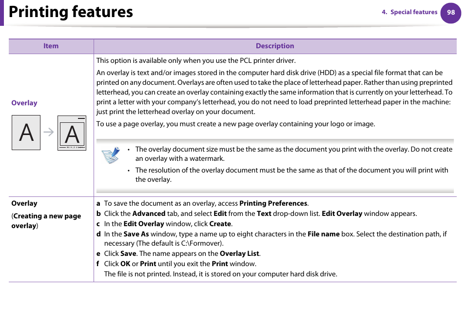 Printing features | Samsung SCX-5639FR-XAA User Manual | Page 258 / 351