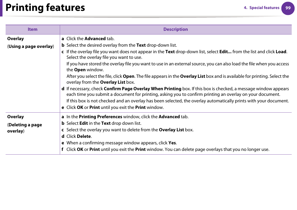 Printing features | Samsung SCX-5639FR-XAA User Manual | Page 259 / 351