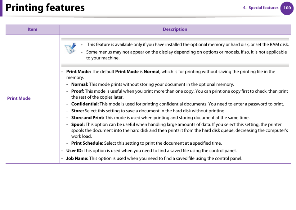 Printing features | Samsung SCX-5639FR-XAA User Manual | Page 260 / 351