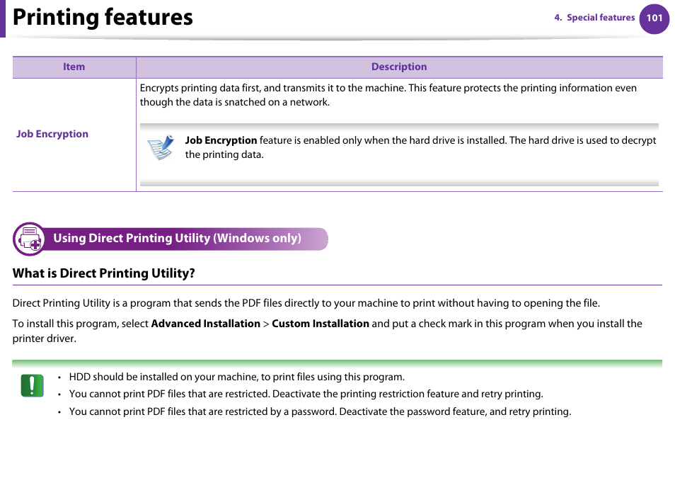 Printing features, What is direct printing utility, Using direct printing utility (windows only) | Samsung SCX-5639FR-XAA User Manual | Page 261 / 351