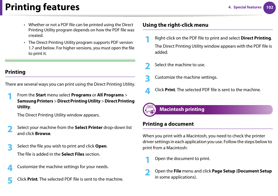 Printing features | Samsung SCX-5639FR-XAA User Manual | Page 262 / 351