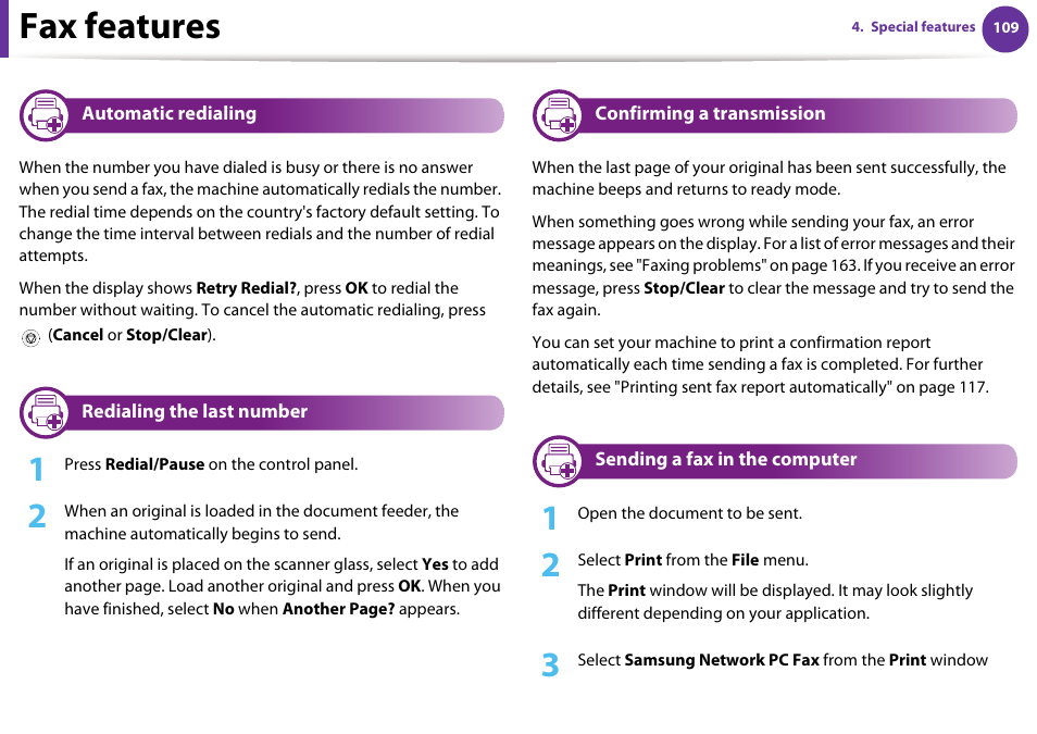 Fax features | Samsung SCX-5639FR-XAA User Manual | Page 269 / 351