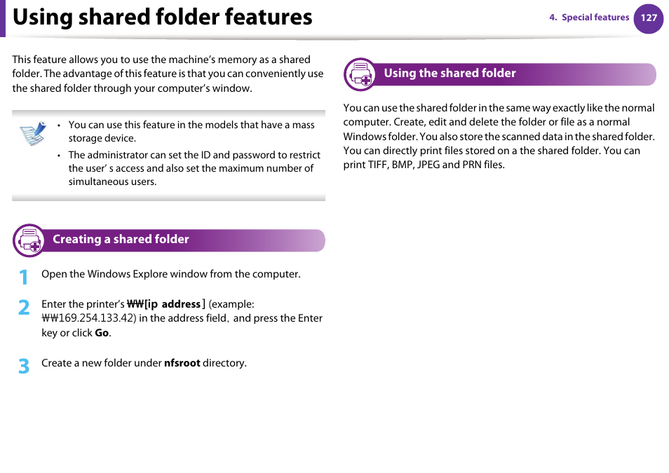 Using shared folder features | Samsung SCX-5639FR-XAA User Manual | Page 287 / 351