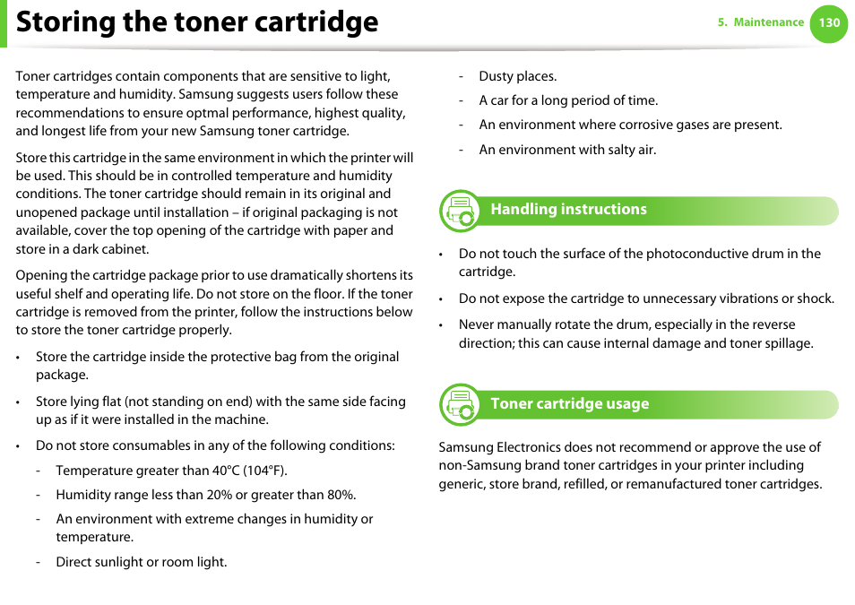 Storing the toner cartridge | Samsung SCX-5639FR-XAA User Manual | Page 290 / 351
