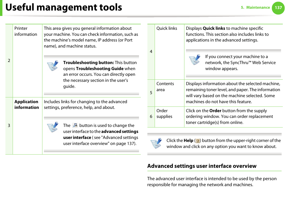 Useful management tools, Advanced settings user interface overview | Samsung SCX-5639FR-XAA User Manual | Page 297 / 351