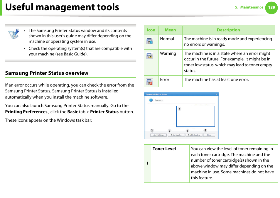 Useful management tools, Samsung printer status overview | Samsung SCX-5639FR-XAA User Manual | Page 299 / 351